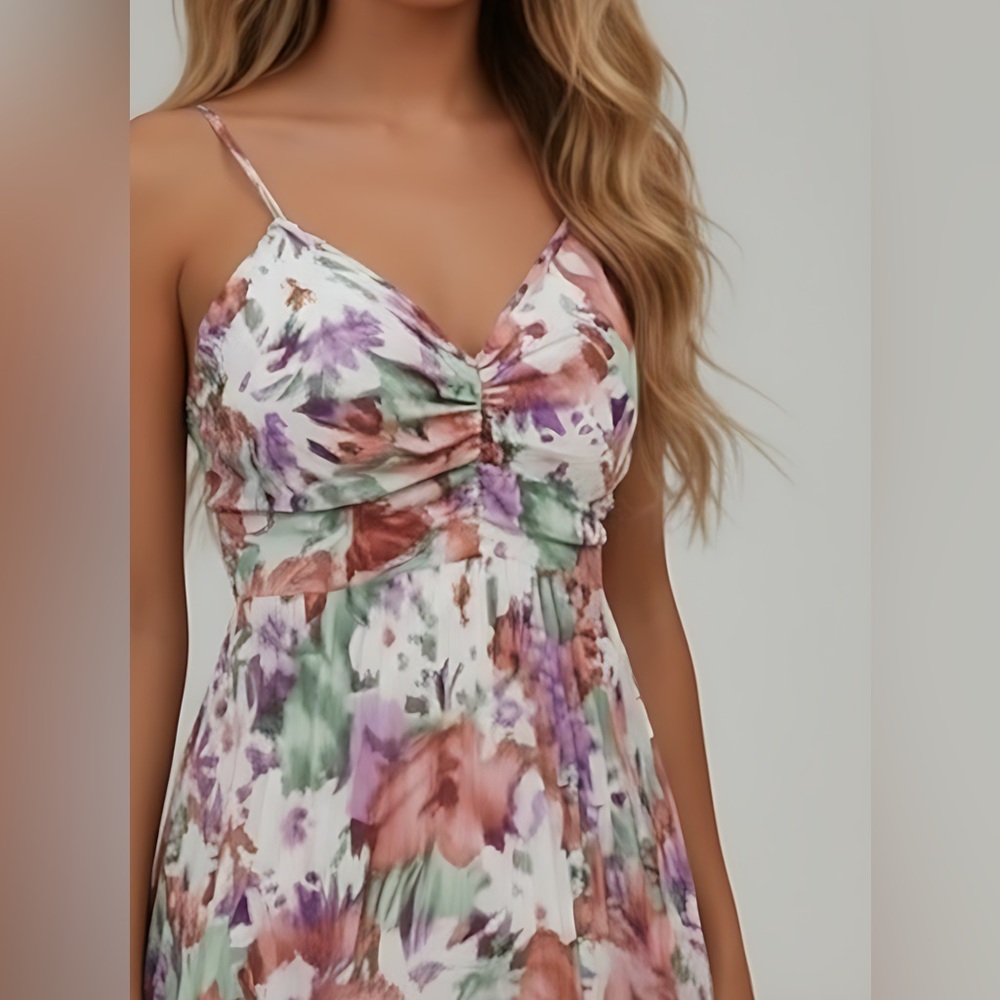 Floral Print Pleated Cami Dress - Picture 2 of 11